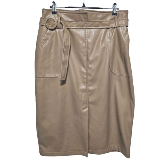 Belle Poque Faux Leather Nude Belted Pencil Skirt w/ Pockets & Front Slit Size L - Picture 1 of 12